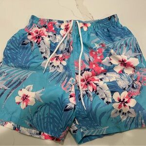 Tropical Floral Men's Swim Trunks - Blue and Pink